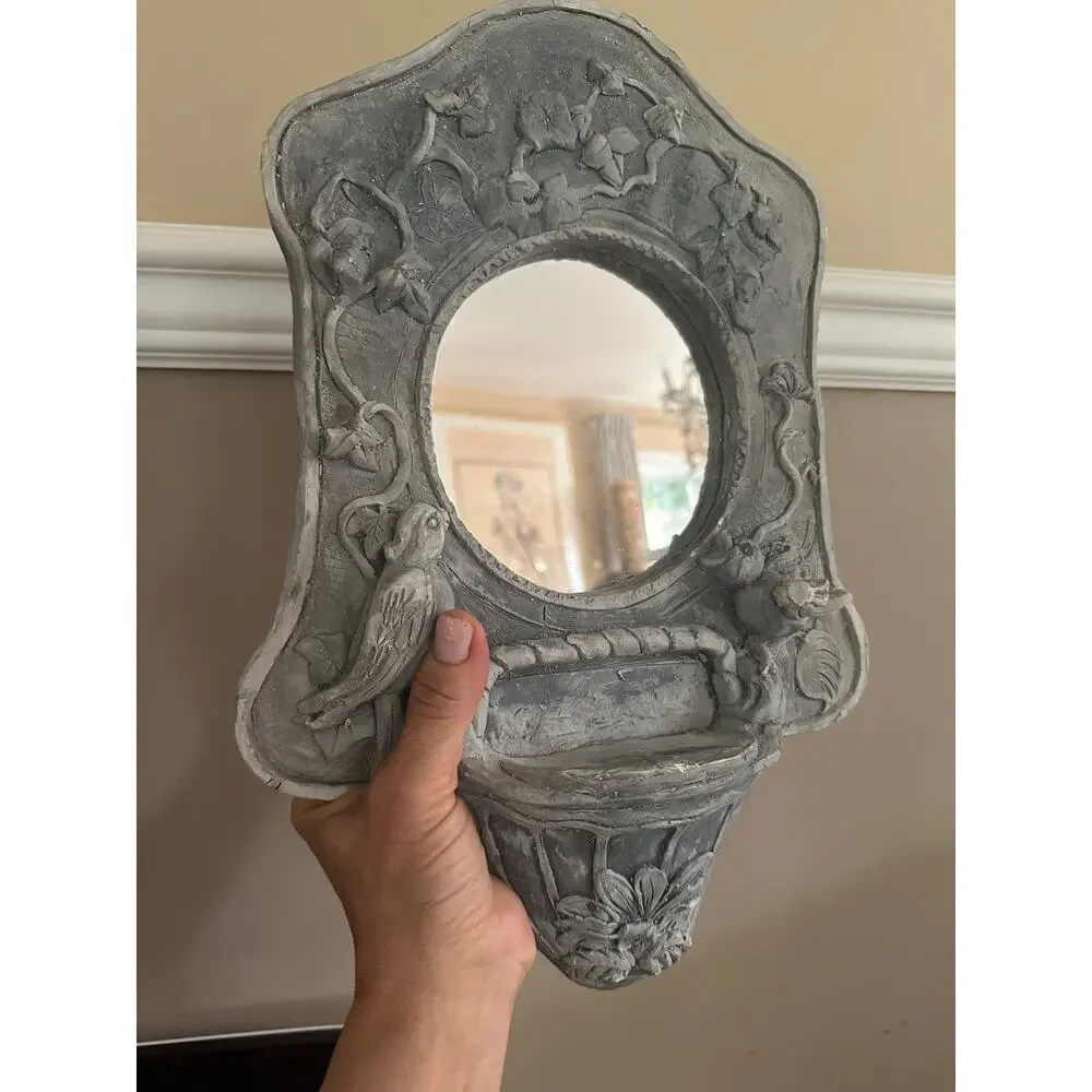 Vintage Pottery Mirror wall hanging hand made birds distressed heavy gray decor